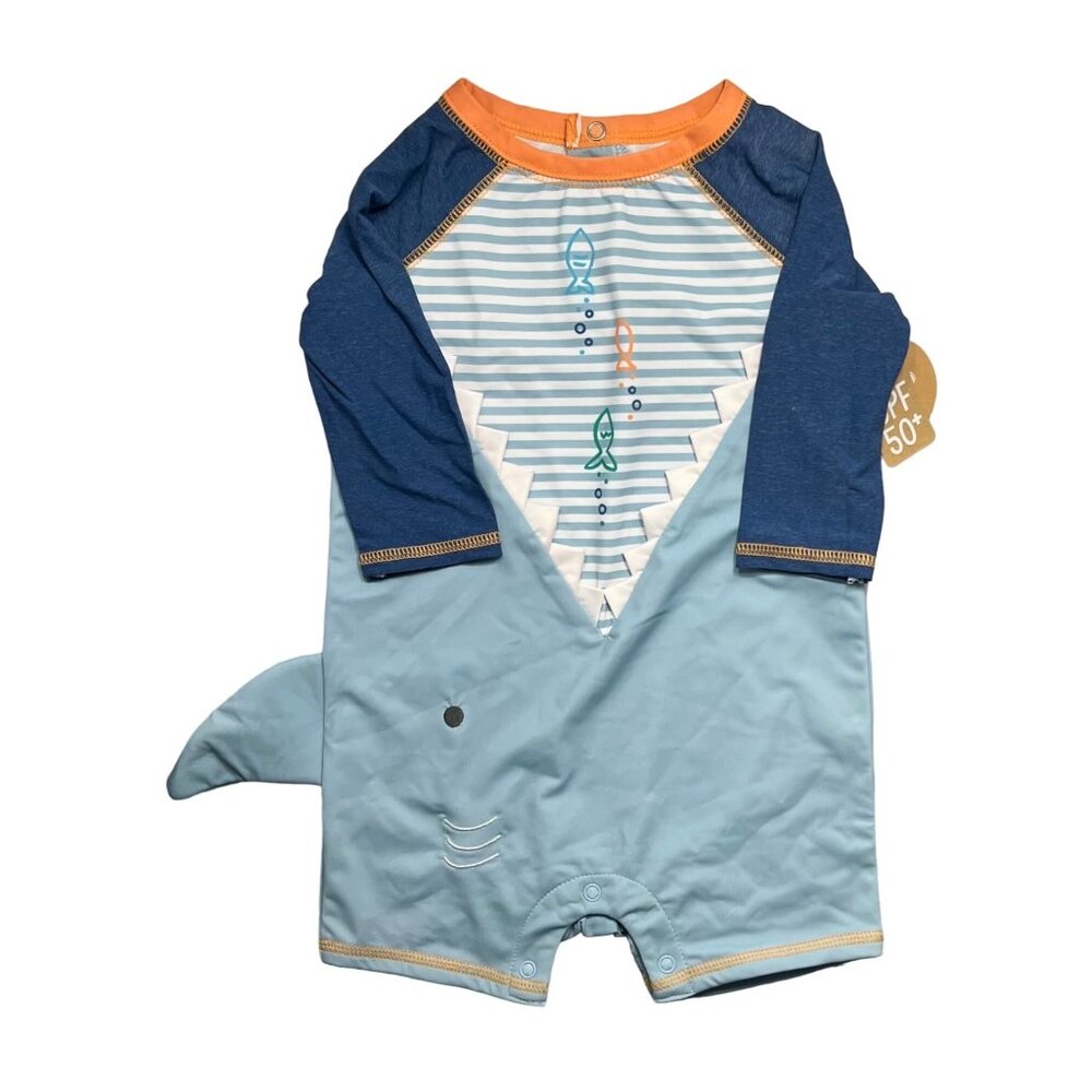 Mud Pie 3-6m NWT one piece rash guard swim suit shark fish blue bathing suit lon
